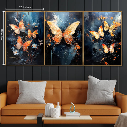 Hdc Modern Crystal Painting Set Painting of Ethereal Butterfly Wings Crystal Glass Painting  for Home Decoration And Office Decor with Golden Frame Canvas Print- 3 Pieces, 16x24 inches