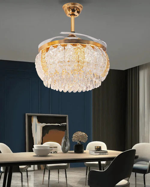 Hdc Feather Glass Crystal Ceiling Fan Chandelier Luxury Gold Retractable Light Led 3 Color Setting Control With Remote