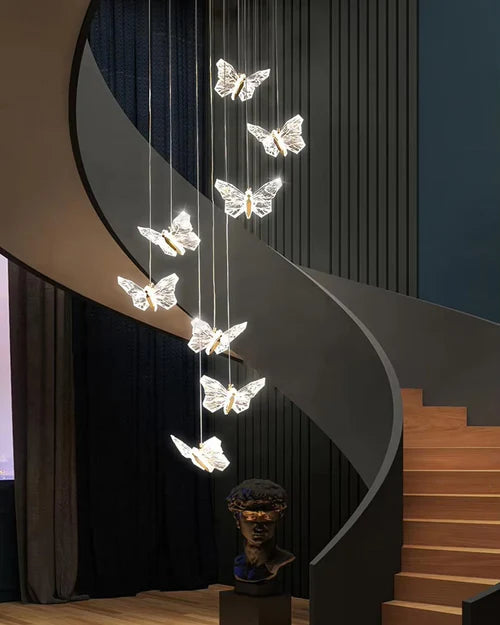 HDC 12 Lights Light Led Butterfly Crystal Double Height Stair Chandelier- Tricolor