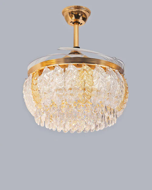 Hdc Feather Glass Crystal Ceiling Fan Chandelier Luxury Gold Retractable Light Led 3 Color Setting Control With Remote