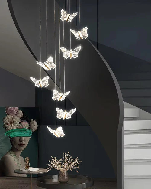 HDC 12 Lights Light Led Butterfly Crystal Double Height Stair Chandelier- Tricolor