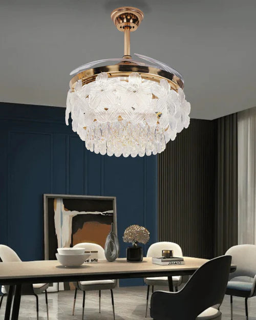 Hdc Floral Crystal Ceiling Fan Chandelier Luxury Gold Retractable Light Led 3 Color Setting Control With Remote