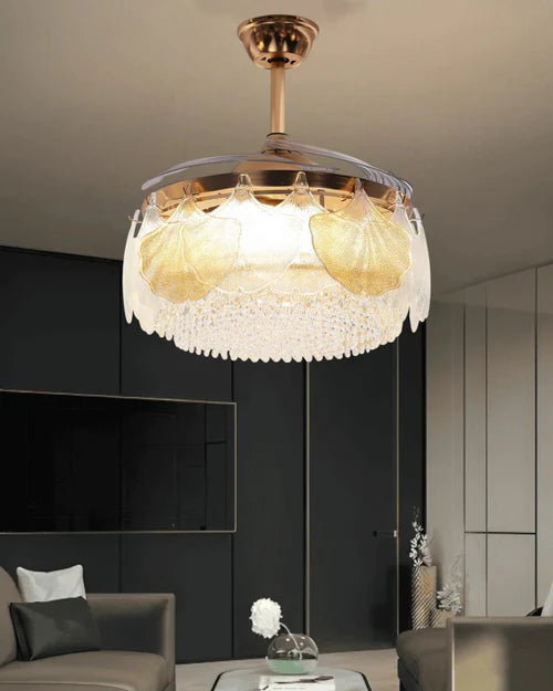 Hdc Feather Glass Crystal Ceiling Fan Chandelier Luxury Gold Retractable Light Led 3 Color Setting Control With Remote