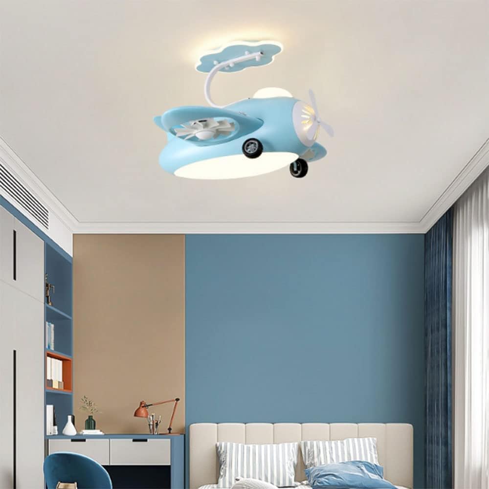 Hdc Children's Flying Plane LED Helicopter Lamp For Kids Girls Boys Bedroom with Lamp Remote Control Blue Pink Fan Chandelier