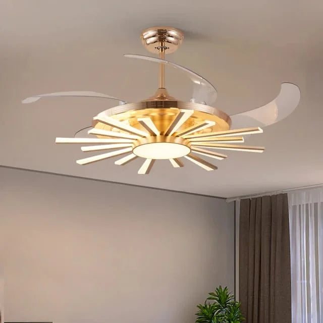 Hdc 15 Light Chandelier Fan 52 Inch Gold Retractable Blades Remote Control - Tricolor