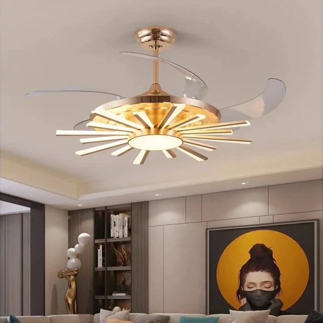 Hdc 15 Light Chandelier Fan 52 Inch Gold Retractable Blades Remote Control - Tricolor