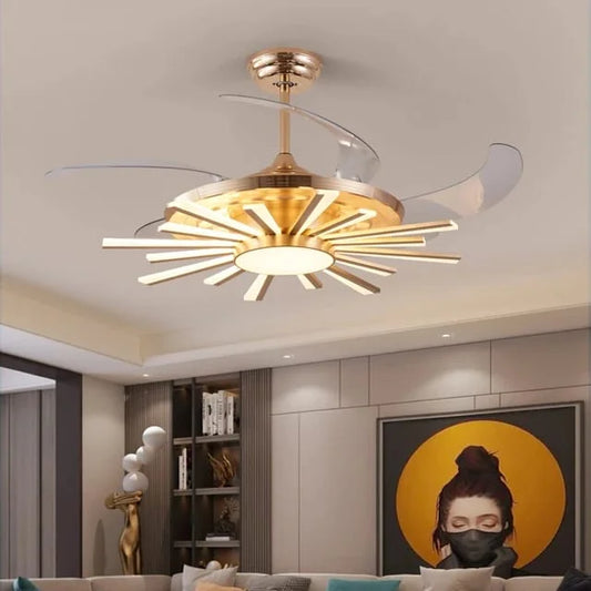 Hdc 15 Light Chandelier Fan 52 Inch Gold Retractable Blades Remote Control - Tricolor