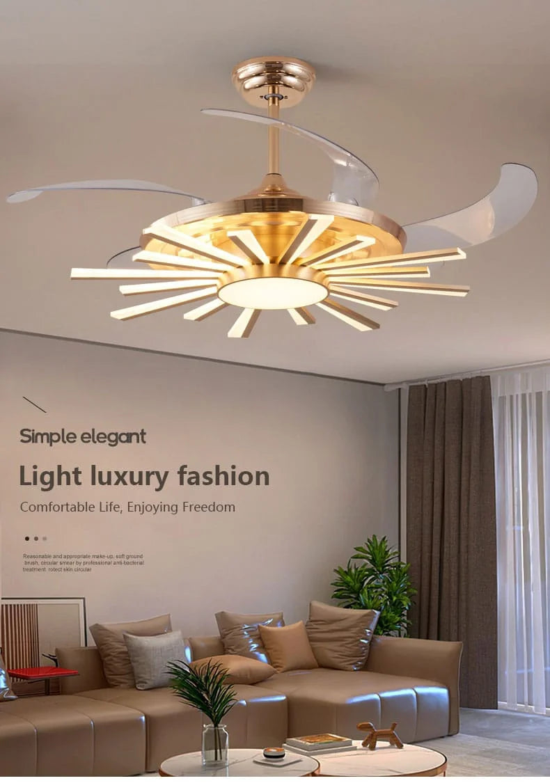 Hdc 15 Light Chandelier Fan 52 Inch Gold Retractable Blades Remote Control - Tricolor