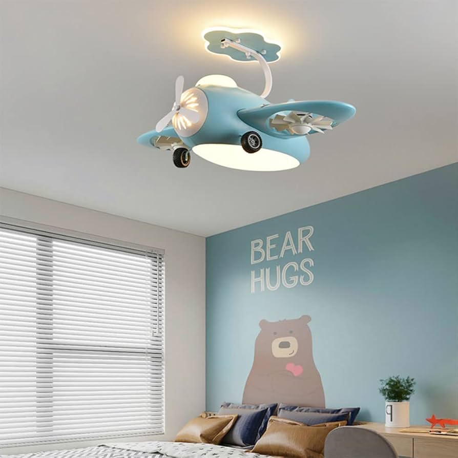 Hdc Children's Flying Plane LED Helicopter Lamp For Kids Girls Boys Bedroom with Lamp Remote Control Blue Pink Fan Chandelier