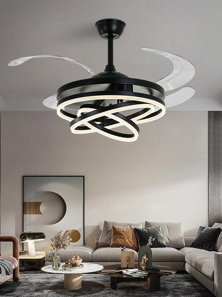 Hdc Invisible Black Rings Ceiling Fan Chandelier with Remote Control 4 Retractable ABS Blades - Warm White