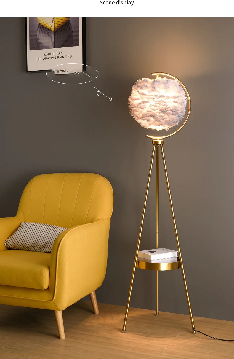 Hdc Metal Suspended Feather Lampshade Tripod Floor Lamp with Shelf for Bedroom (Color : Warm Light)