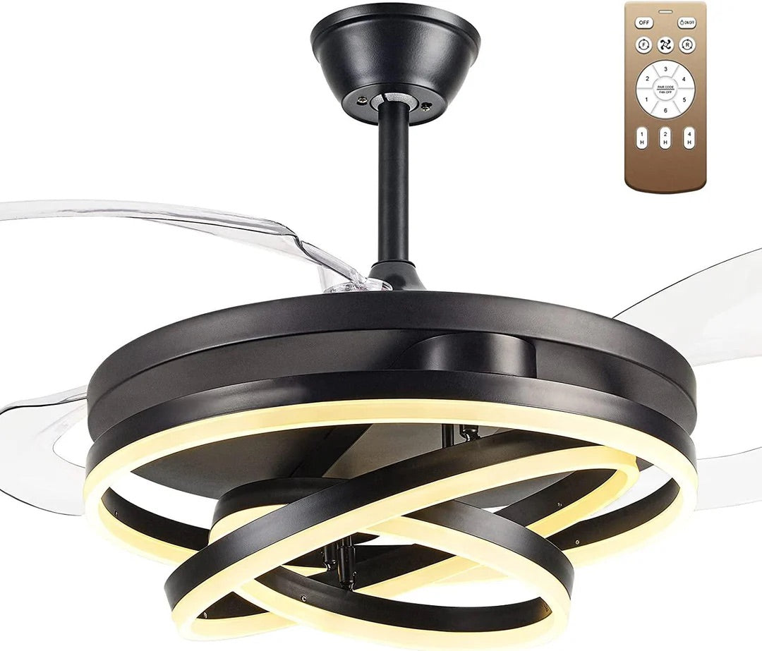 Hdc Invisible Black Rings Ceiling Fan Chandelier with Remote Control 4 Retractable ABS Blades - Warm White