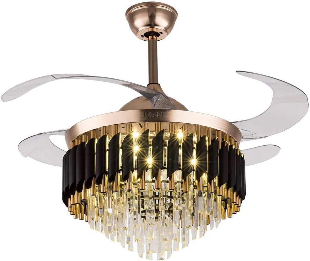 HDC 42" Modern Creative Design Chandelier Ceiling Fan with LED Lighting,Crystal Chandelier Fan Gold Retractable Ceiling Fan Light