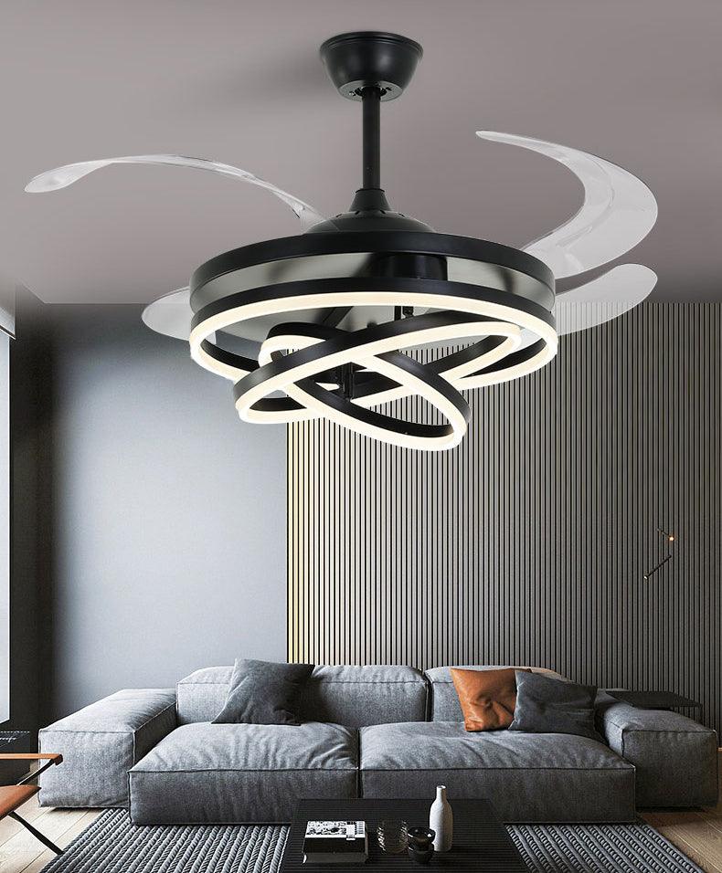 Hdc Invisible Black Rings Ceiling Fan Chandelier with Remote Control 4 Retractable ABS Blades - Warm White