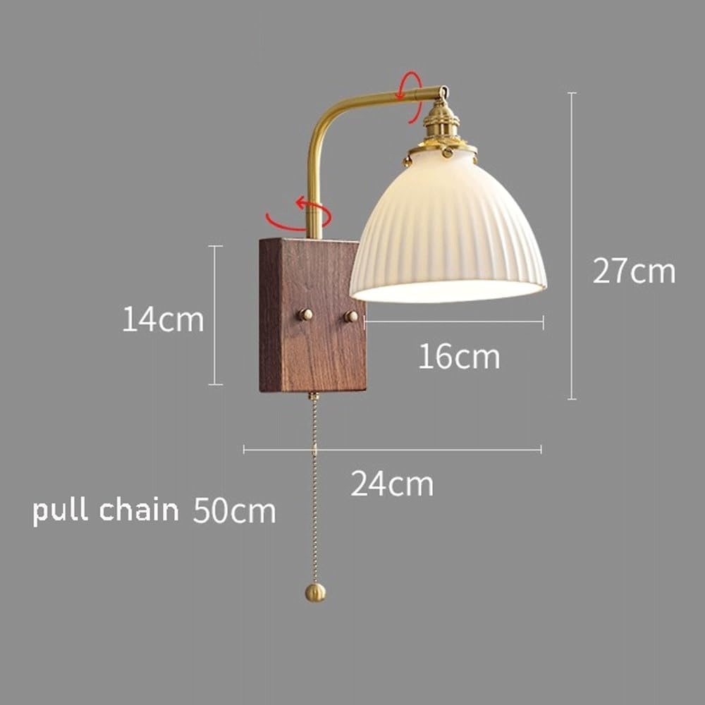 Hdc Modern Adjustable Swing Arm Wall Sconce with Striped Ceramic Shade Pull Chain Switch Wood Grain Base Brass Pole, 360° Rotating Headboard Reading Wall Light