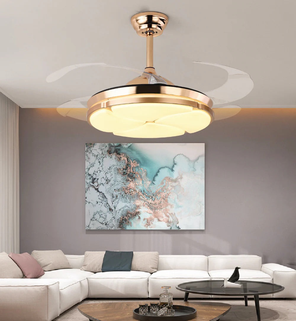 Hdc Gold Ceiling Fan Chandelier With Remote Control 4 Retractable Abs Blades - Warm White