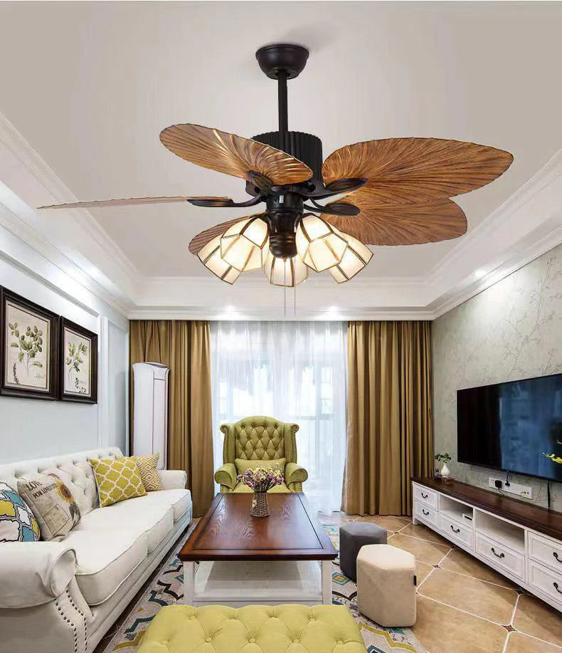 HDC Tropical Ceiling Fan with Lights, 5 Reversible Palm Leaf Blades 3 Speeds Fan Light