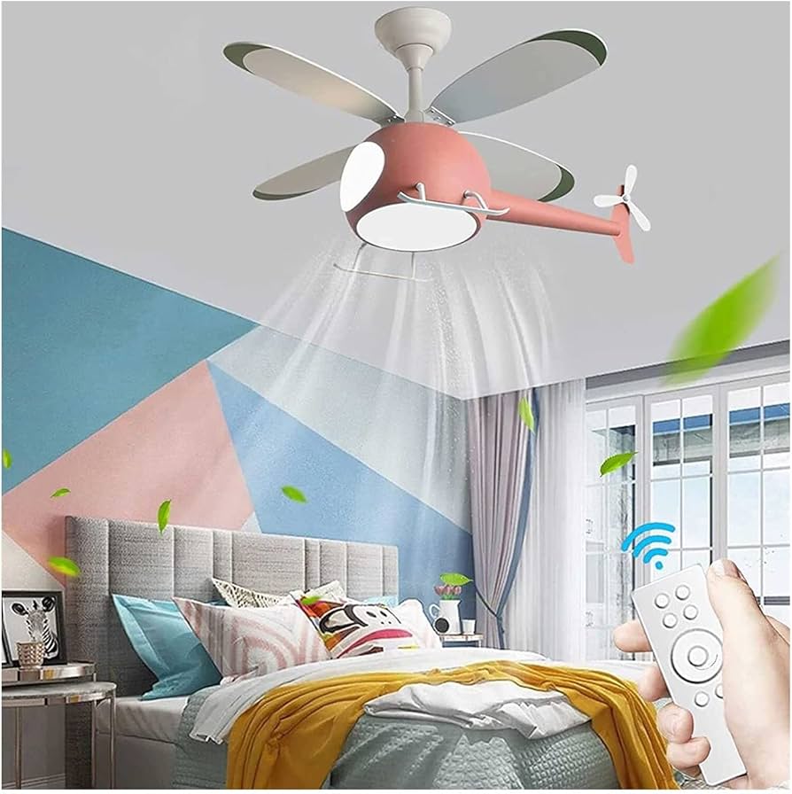 Hdc Creative Helicopter LED Ceiling Fan Lighting with Remote Control, Adjustable 6 Wind Speed Reversible, Children's Room Ceiling Lights