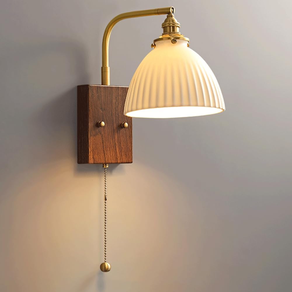 Hdc Modern Adjustable Swing Arm Wall Sconce with Striped Ceramic Shade Pull Chain Switch Wood Grain Base Brass Pole, 360° Rotating Headboard Reading Wall Light