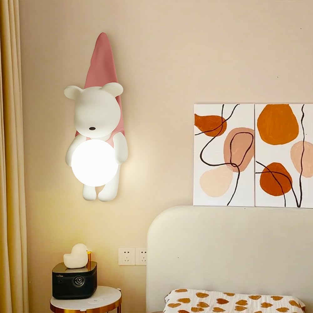 Hdc Cute Resin Hanged Pink Cartoon Bear with Milky White Globe Light - Warm White