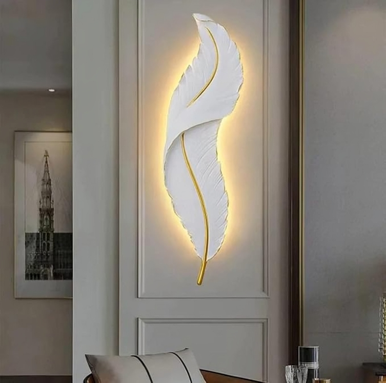 HDC 600mm Nordic Modern Creative Feather Light Led Wall Lamp Bedroom Bedside Resin Lamp