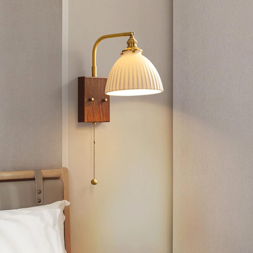 Hdc Modern Adjustable Swing Arm Wall Sconce with Striped Ceramic Shade Pull Chain Switch Wood Grain Base Brass Pole, 360° Rotating Headboard Reading Wall Light