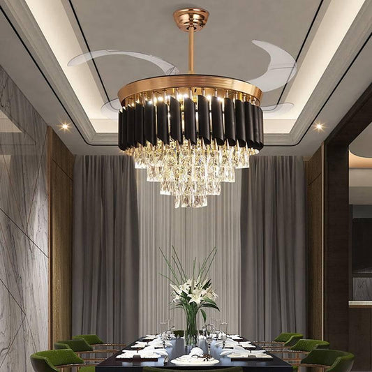 HDC 42" Modern Creative Design Chandelier Ceiling Fan with LED Lighting,Crystal Chandelier Fan Gold Retractable Ceiling Fan Light