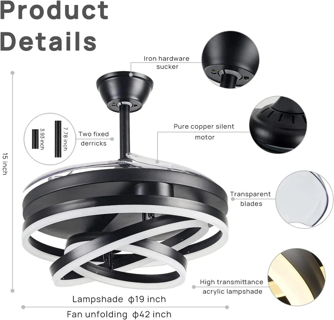 Hdc Invisible Black Rings Ceiling Fan Chandelier with Remote Control 4 Retractable ABS Blades - Warm White