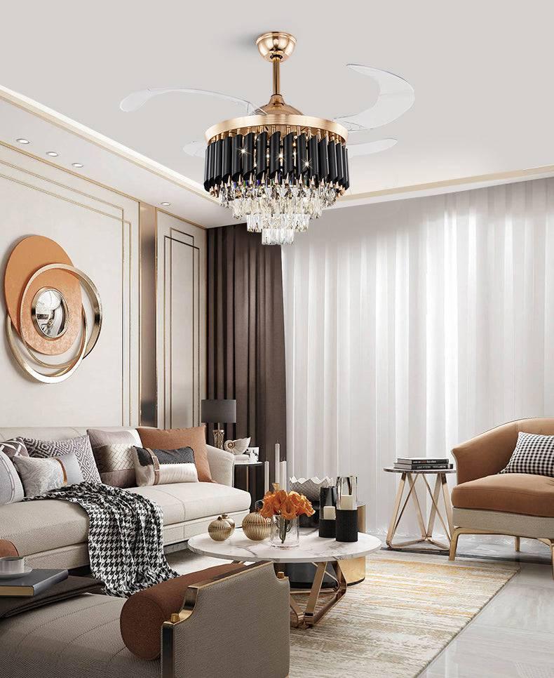 HDC 42" Modern Creative Design Chandelier Ceiling Fan with LED Lighting,Crystal Chandelier Fan Gold Retractable Ceiling Fan Light