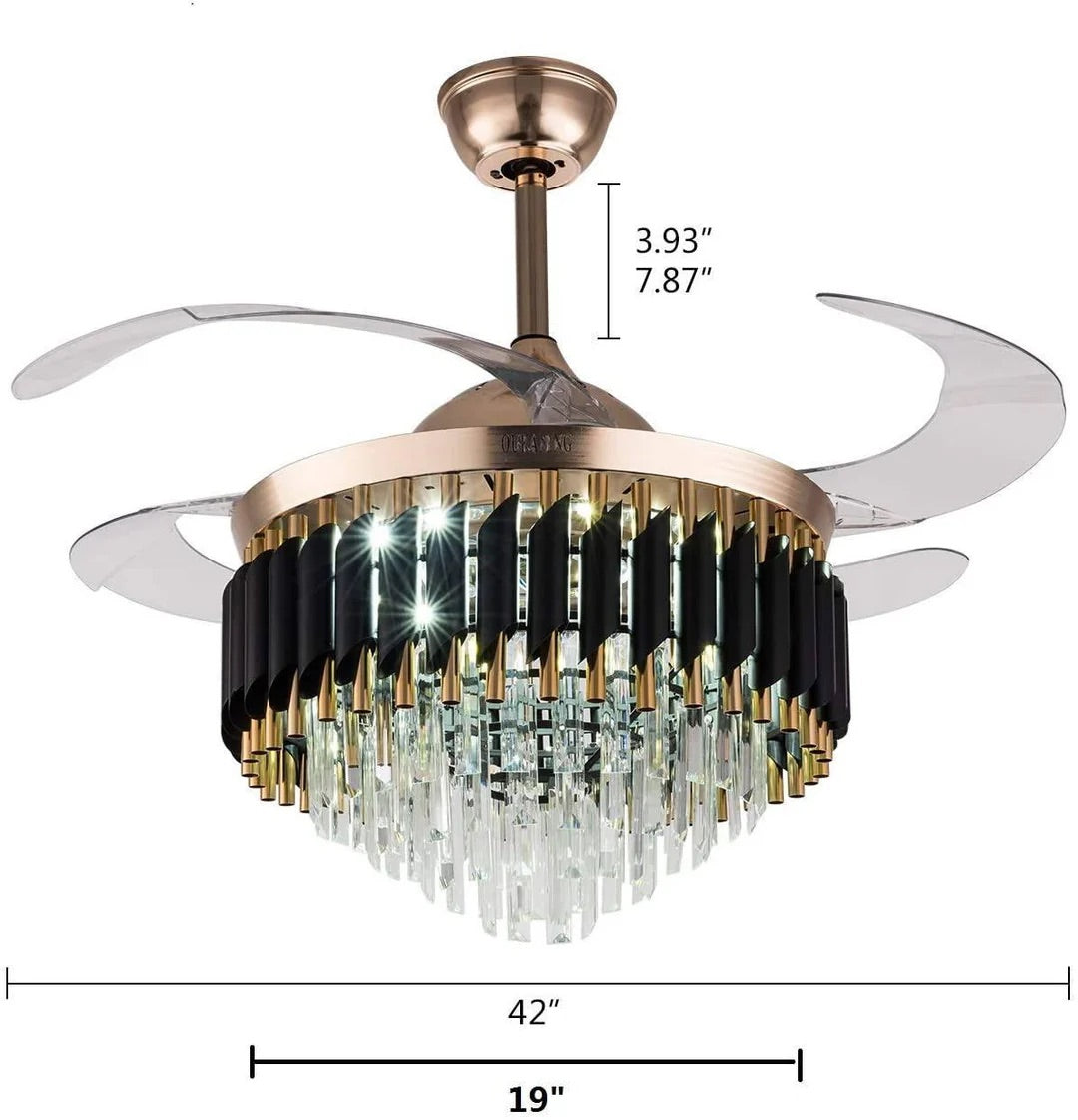 HDC 42" Modern Creative Design Chandelier Ceiling Fan with LED Lighting,Crystal Chandelier Fan Gold Retractable Ceiling Fan Light