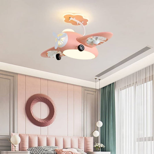 Hdc Children's Flying Plane LED Helicopter Lamp For Kids Girls Boys Bedroom with Lamp Remote Control Blue Pink Fan Chandelier