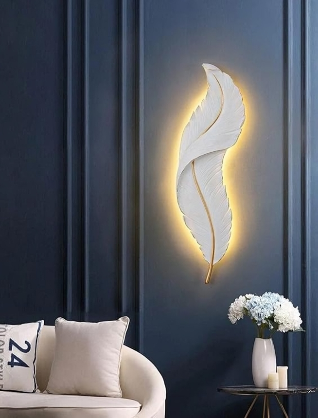 HDC 600mm Nordic Modern Creative Feather Light Led Wall Lamp Bedroom Bedside Resin Lamp