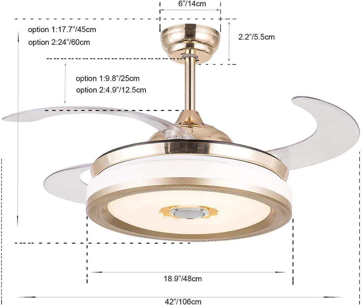 Hdc Invisible Gold Ceiling Fan Chandelier With Remote Control 4 Retractable Abs Blades