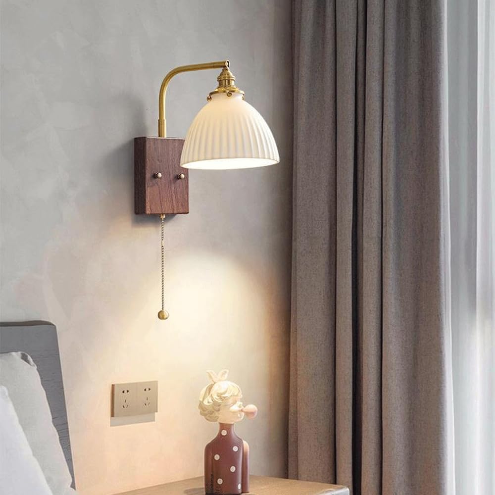 Hdc Modern Adjustable Swing Arm Wall Sconce with Striped Ceramic Shade Pull Chain Switch Wood Grain Base Brass Pole, 360° Rotating Headboard Reading Wall Light