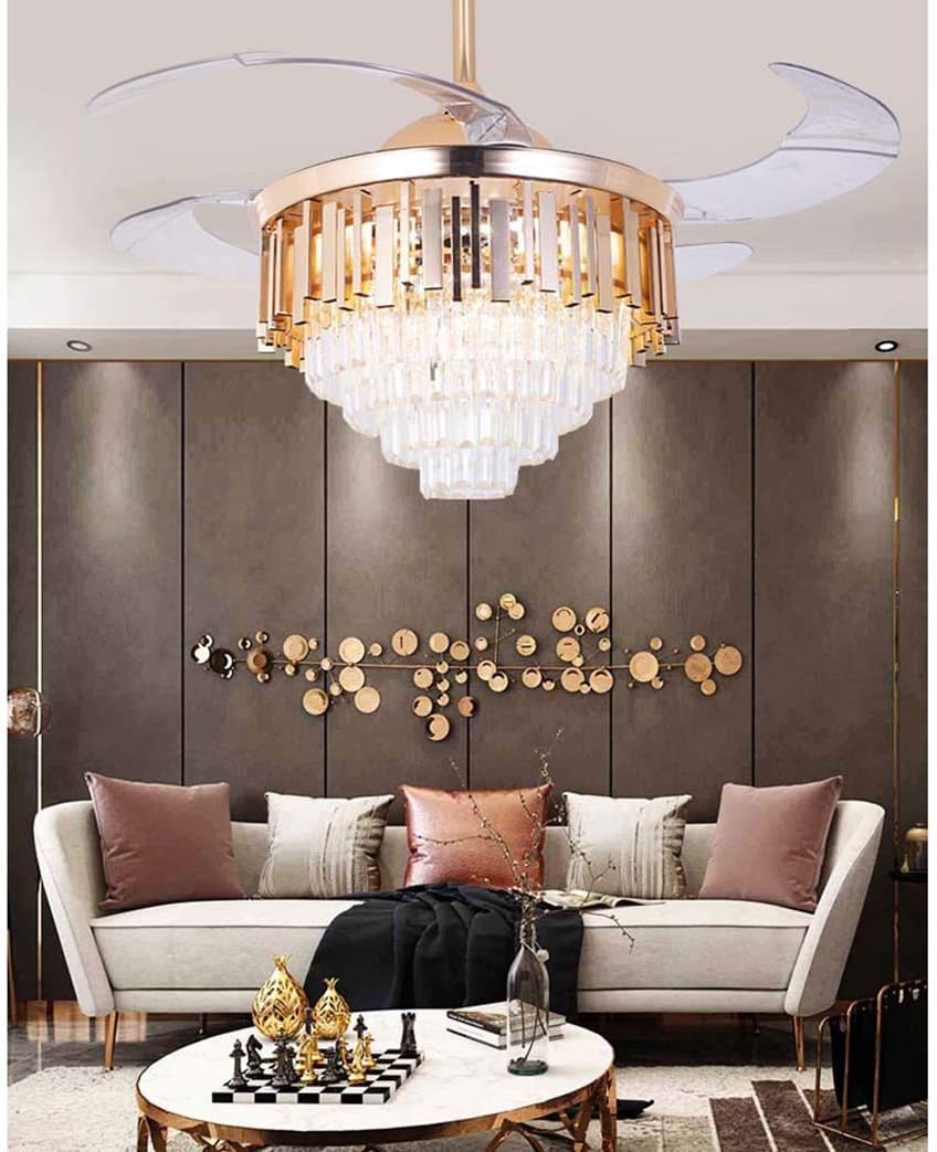 Hdc Invisible Ceiling Fan Chandelier Crystal And Remote Control 4 Retractable Abs Blades