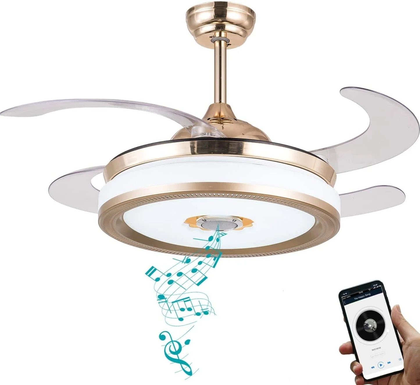 Hdc Invisible Gold Ceiling Fan Chandelier With Remote Control 4 Retractable Abs Blades