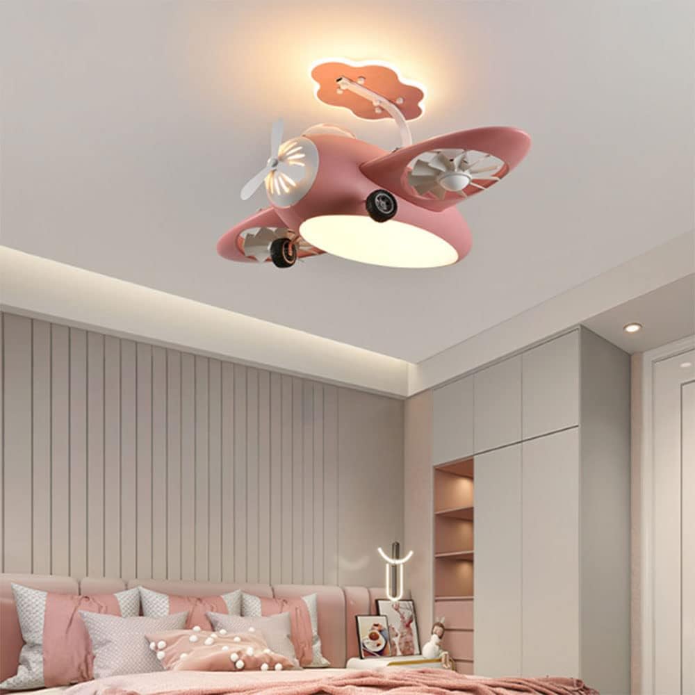 Hdc Children's Flying Plane LED Helicopter Lamp For Kids Girls Boys Bedroom with Lamp Remote Control Blue Pink Fan Chandelier