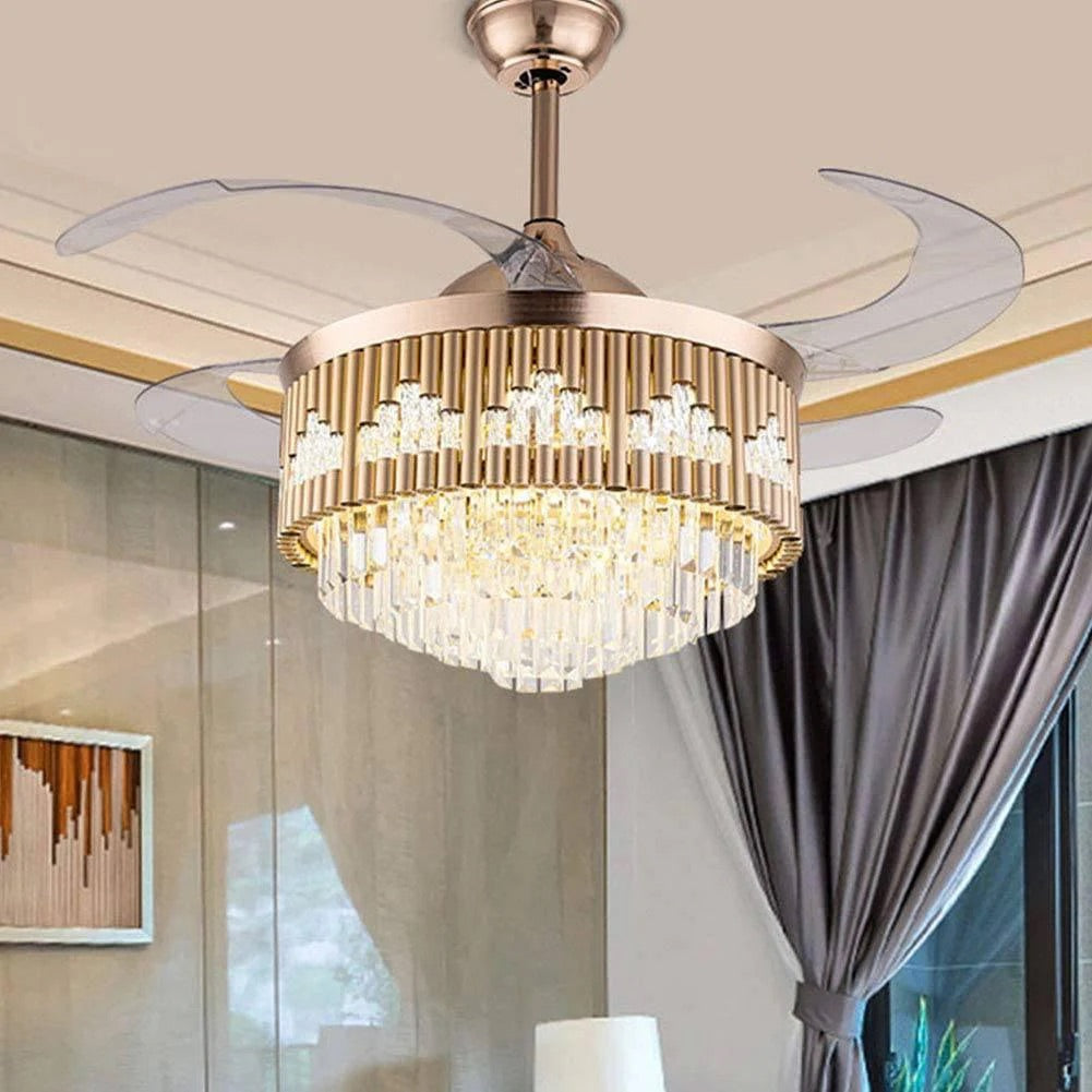 HDC Crystal Ceiling Fans with Lights Retractable Blades Remote Control Modern Luxury LED Chandelier Fan 3 Speeds 3 Color Changes Lighting Fixtures