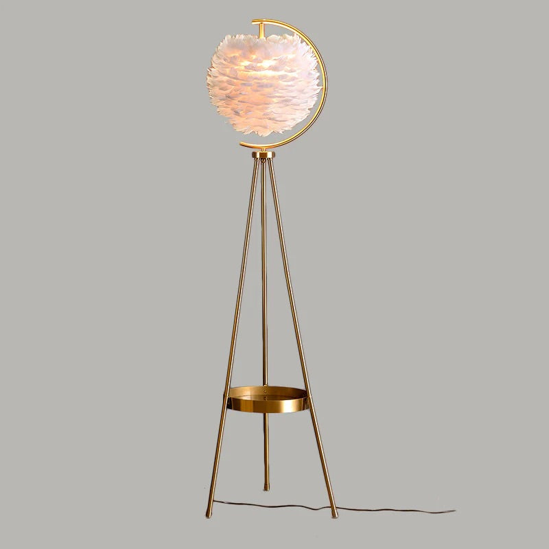 Hdc Metal Suspended Feather Lampshade Tripod Floor Lamp with Shelf for Bedroom (Color : Warm Light)