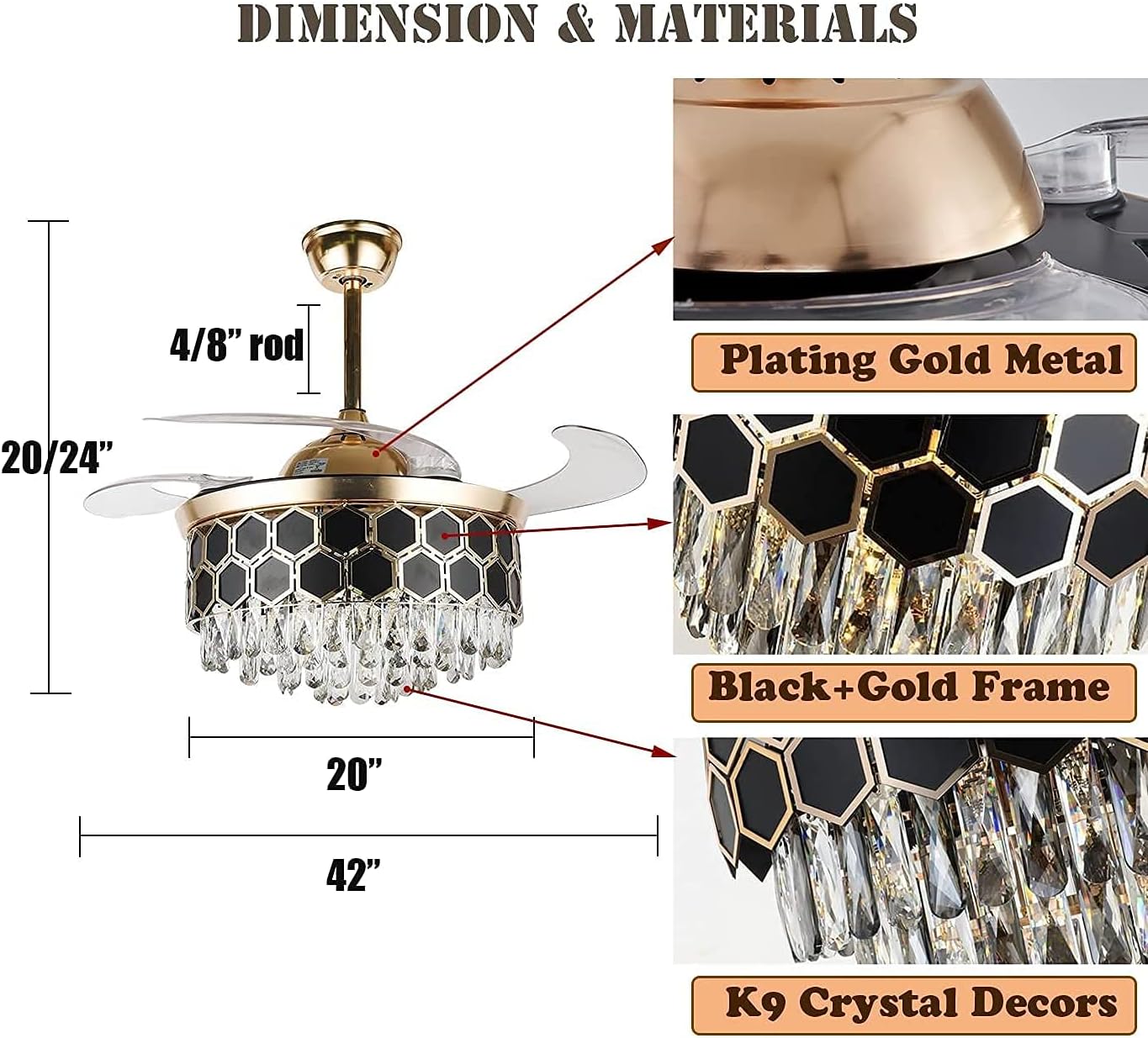 HDC Crystal Ceiling Fan Chandelier Luxury Hiding Quiet 42 Inch Hexa Black Gold Retractable 3 Color Setting, Dual Control-Remote