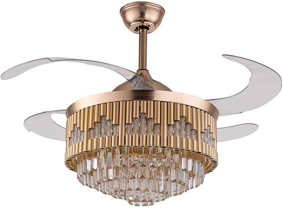 HDC Crystal Ceiling Fans with Lights Retractable Blades Remote Control Modern Luxury LED Chandelier Fan 3 Speeds 3 Color Changes Lighting Fixtures