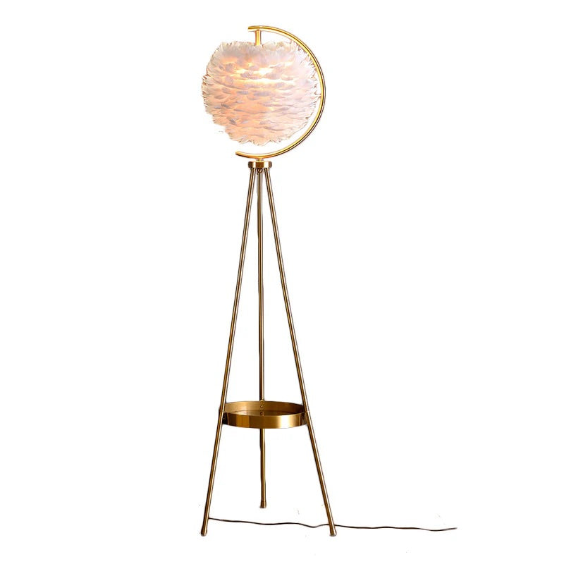 Hdc Metal Suspended Feather Lampshade Tripod Floor Lamp with Shelf for Bedroom (Color : Warm Light)