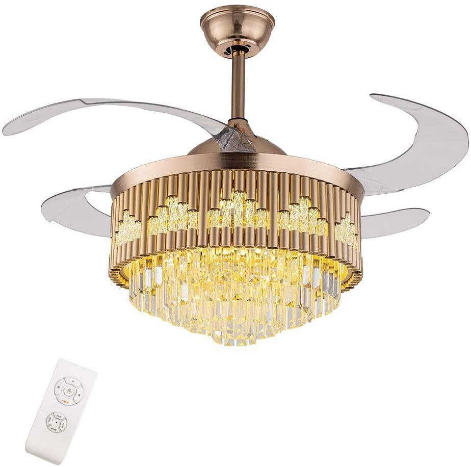 HDC Crystal Ceiling Fans with Lights Retractable Blades Remote Control Modern Luxury LED Chandelier Fan 3 Speeds 3 Color Changes Lighting Fixtures