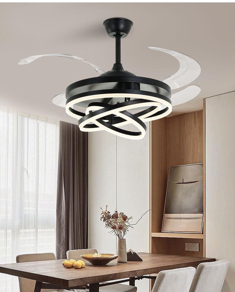 Hdc Invisible Black Rings Ceiling Fan Chandelier with Remote Control 4 Retractable ABS Blades - Warm White