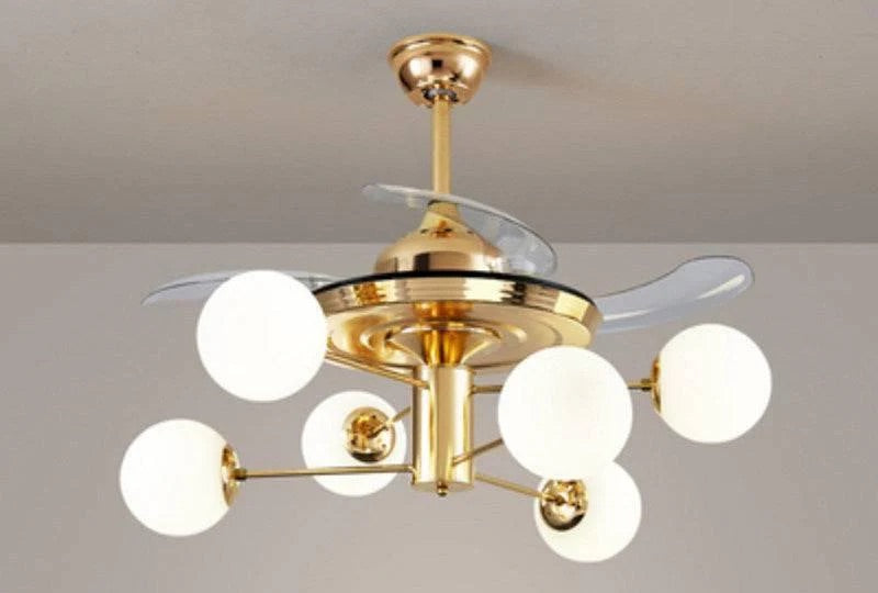 Hdc 6 Light Frost Glass Ceiling Fan Chandelier 36 Inch Gold Retractable Light Led 3 Color Setting Control With Remote