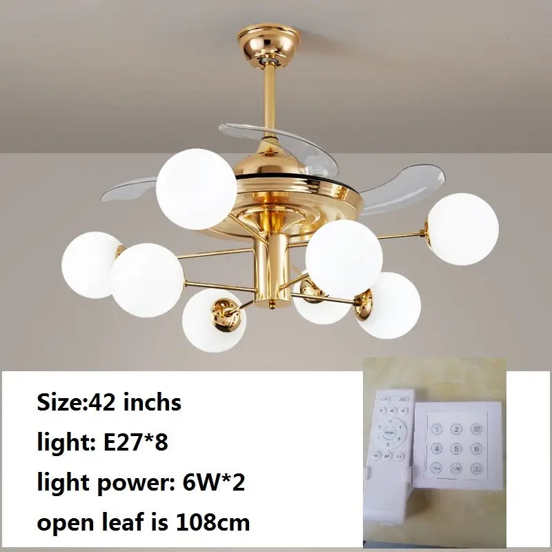 Hdc 8 Light Frost Glass Ceiling Fan Chandelier Gold Retractable Light Led 3 Color Setting Control With Remote