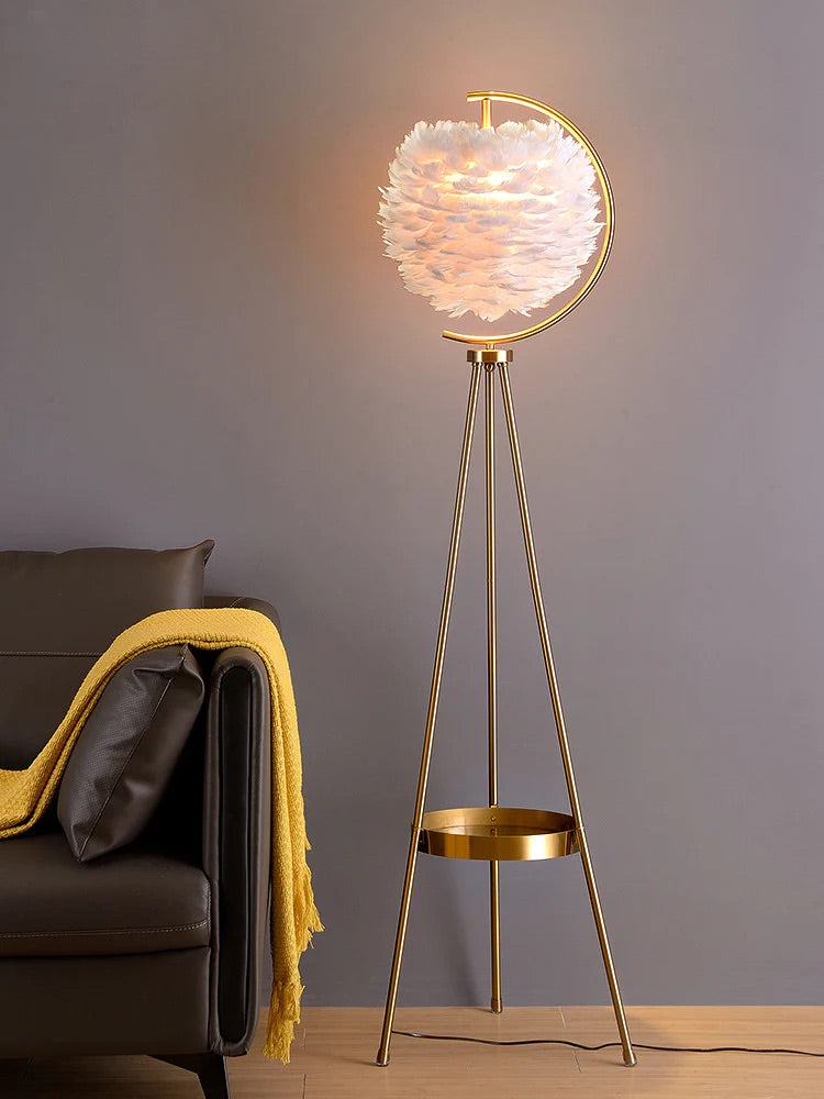 Hdc Metal Suspended Feather Lampshade Tripod Floor Lamp with Shelf for Bedroom (Color : Warm Light)