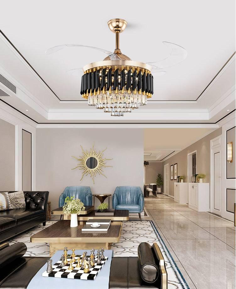 HDC 42" Modern Creative Design Chandelier Ceiling Fan with LED Lighting,Crystal Chandelier Fan Gold Retractable Ceiling Fan Light