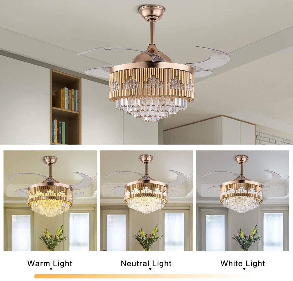 HDC Crystal Ceiling Fans with Lights Retractable Blades Remote Control Modern Luxury LED Chandelier Fan 3 Speeds 3 Color Changes Lighting Fixtures