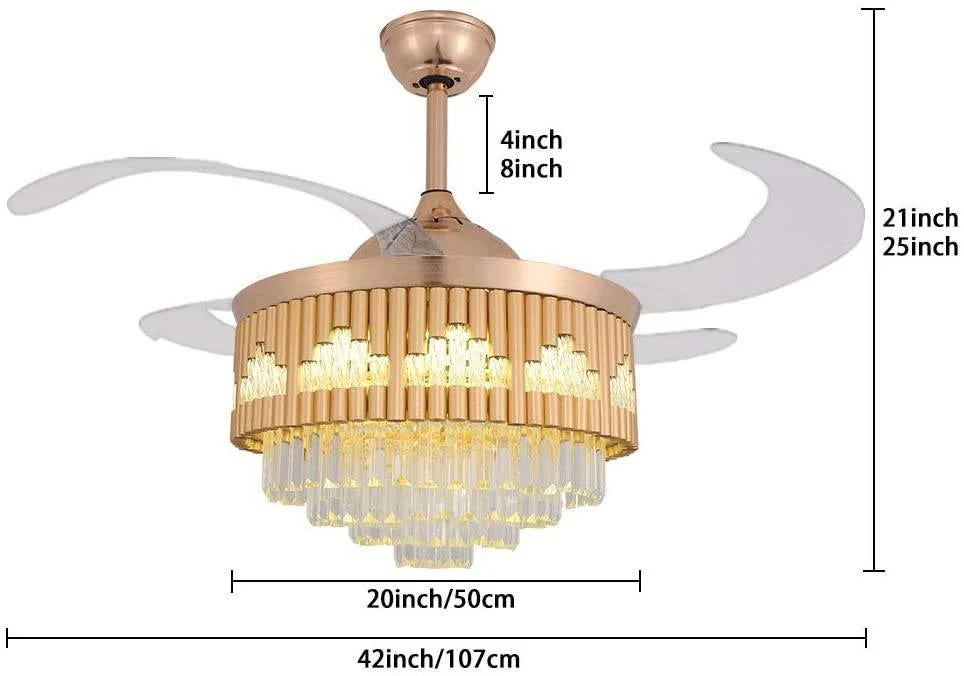 HDC Crystal Ceiling Fans with Lights Retractable Blades Remote Control Modern Luxury LED Chandelier Fan 3 Speeds 3 Color Changes Lighting Fixtures